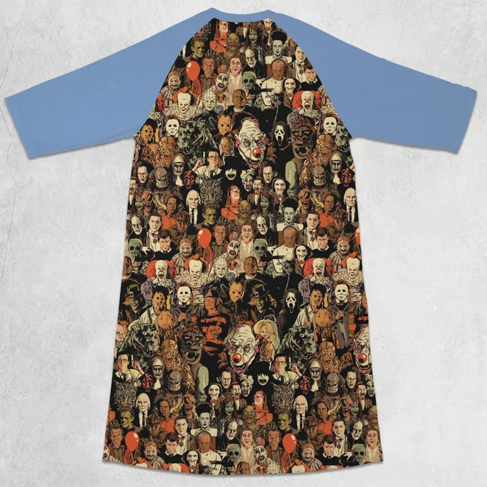 Horror Movie Characters Halloween Pattern 3/4 Sleeve Raglan Dress - 2