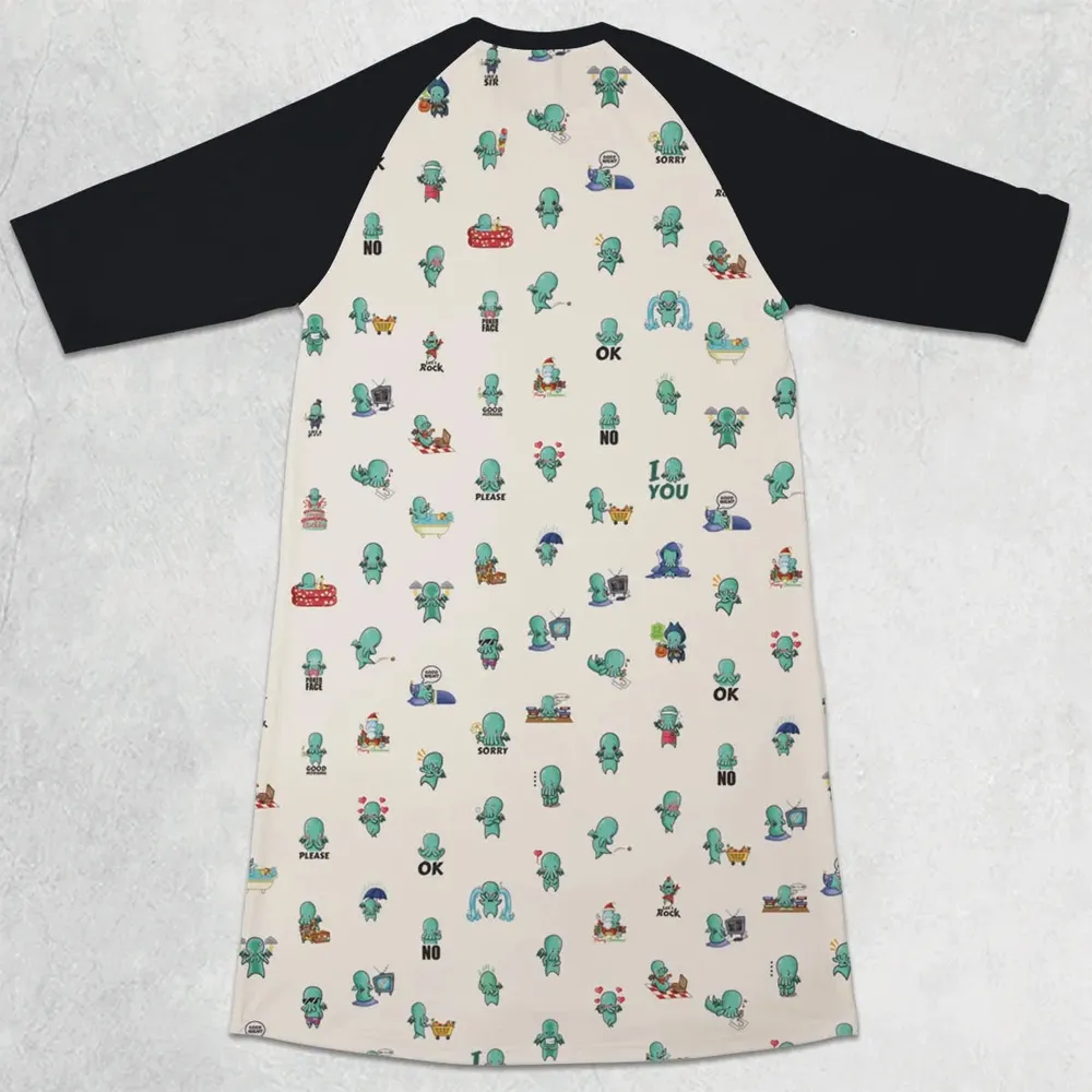 Kawai Cthulhu Pattern 3/4 Sleeve Raglan Dress - 2