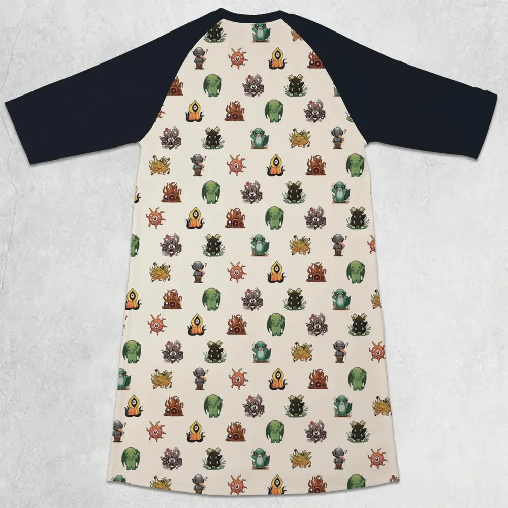 Lovecraft Demons Cute H.P. Lovecraft Monsters Pattern 3/4 Sleeve Raglan Dress - 2