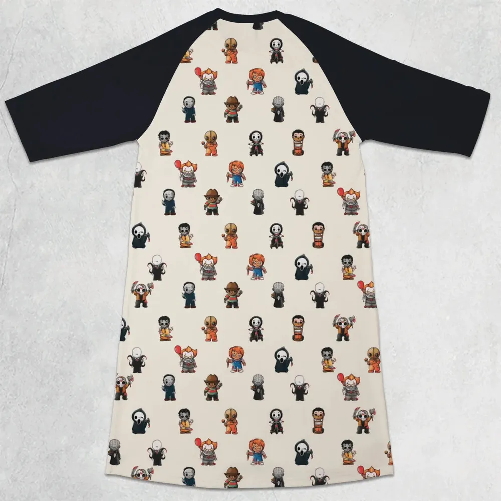Horror Movies Characters Pattern 3/4 Sleeve Raglan Dress - 2