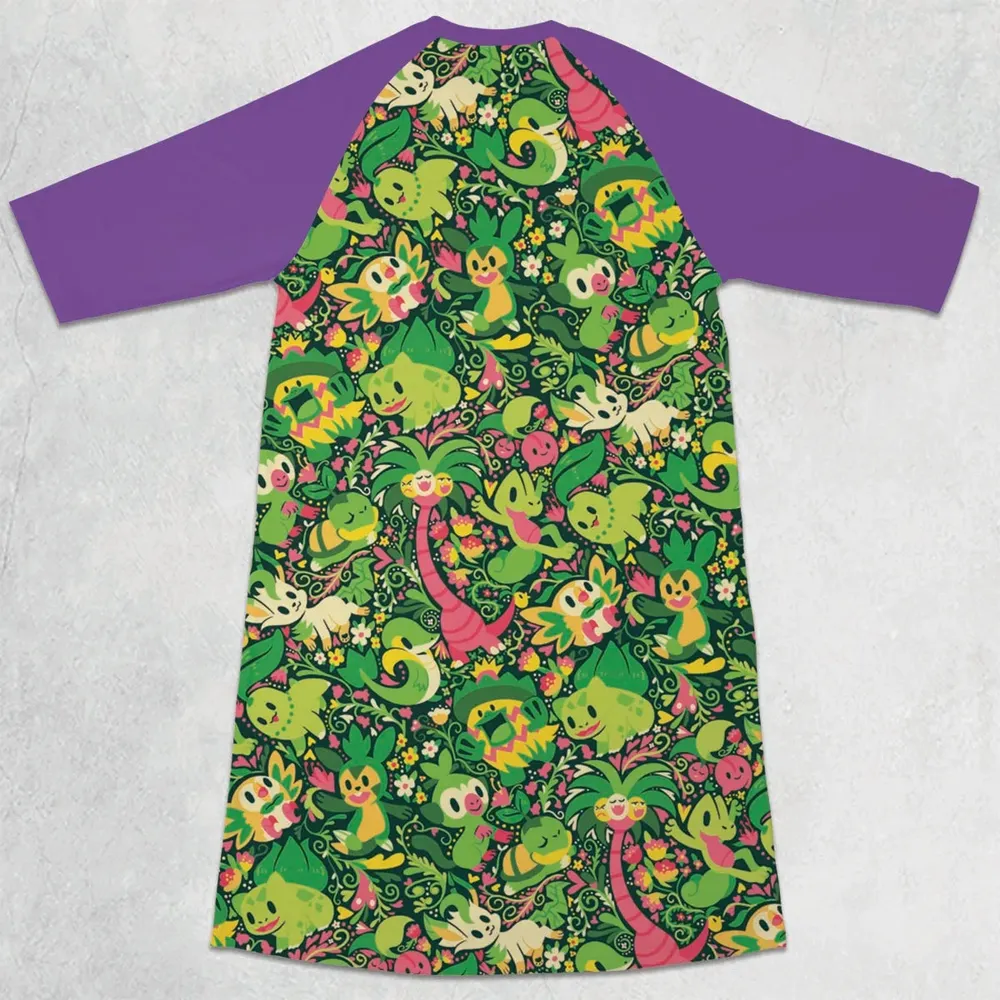 Grass Type Pokemon Pattern 3/4 Sleeve Raglan Dress - 2