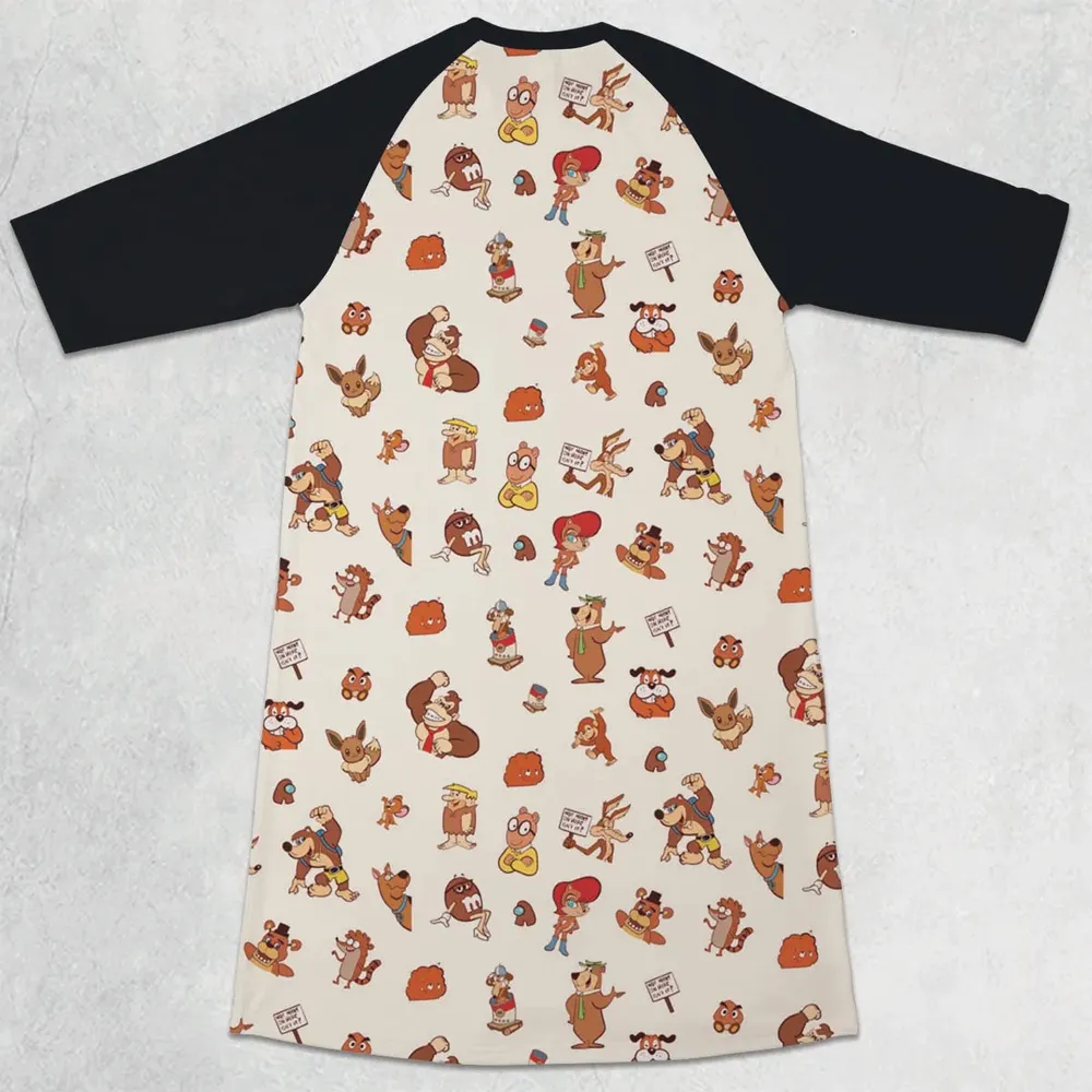 Famous Cartoon Characters in Brown 3/4 Sleeve Raglan Dress - 2