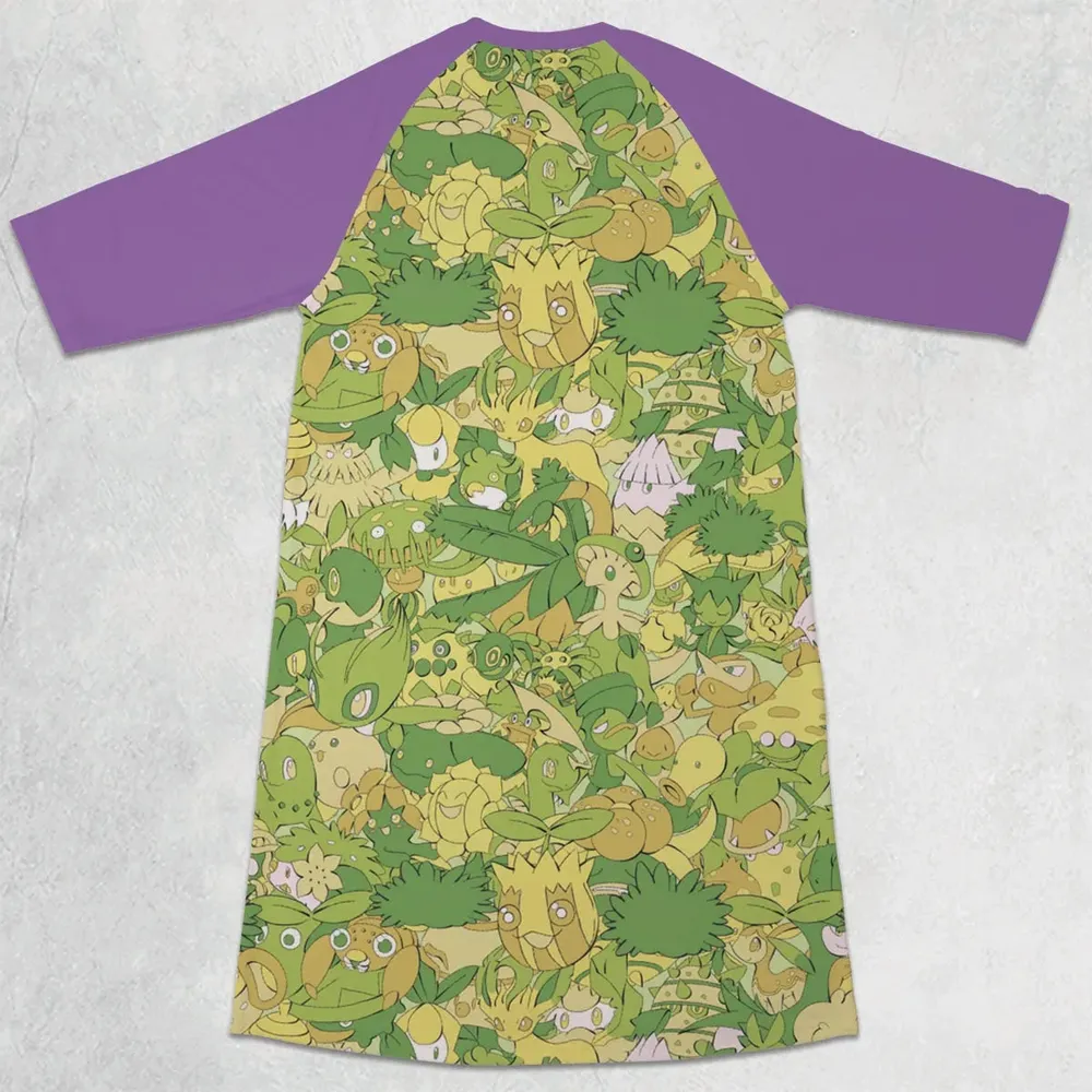 Grass Pokemon Pattern 3/4 Sleeve Raglan Dress - 2