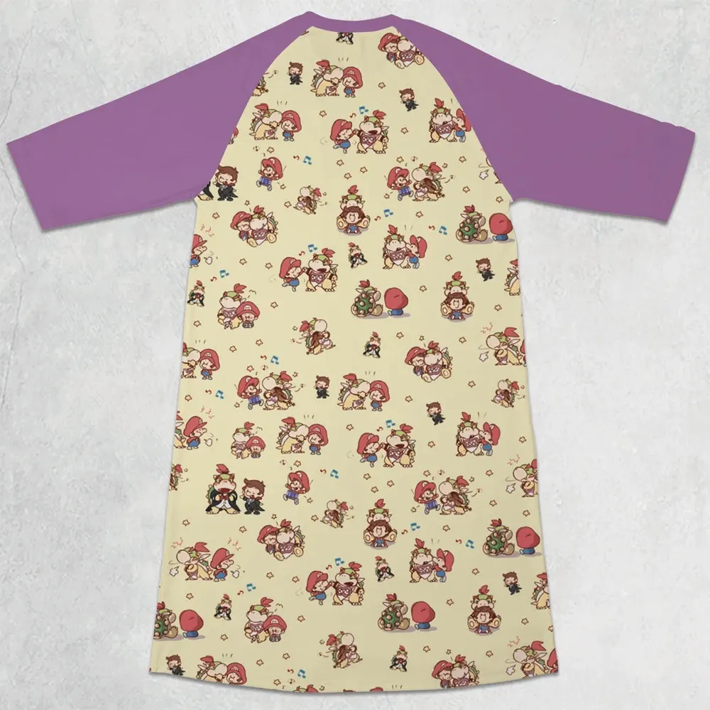 So Cute Bowser and Mario Pattern 3/4 Sleeve Raglan Dress - 2