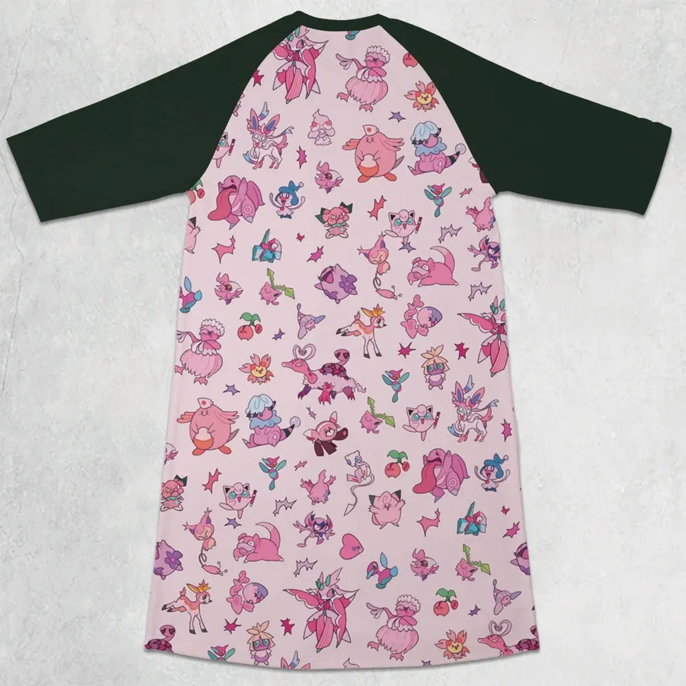 Team Pink Pokemon Pattern 3/4 Sleeve Raglan Dress - 2