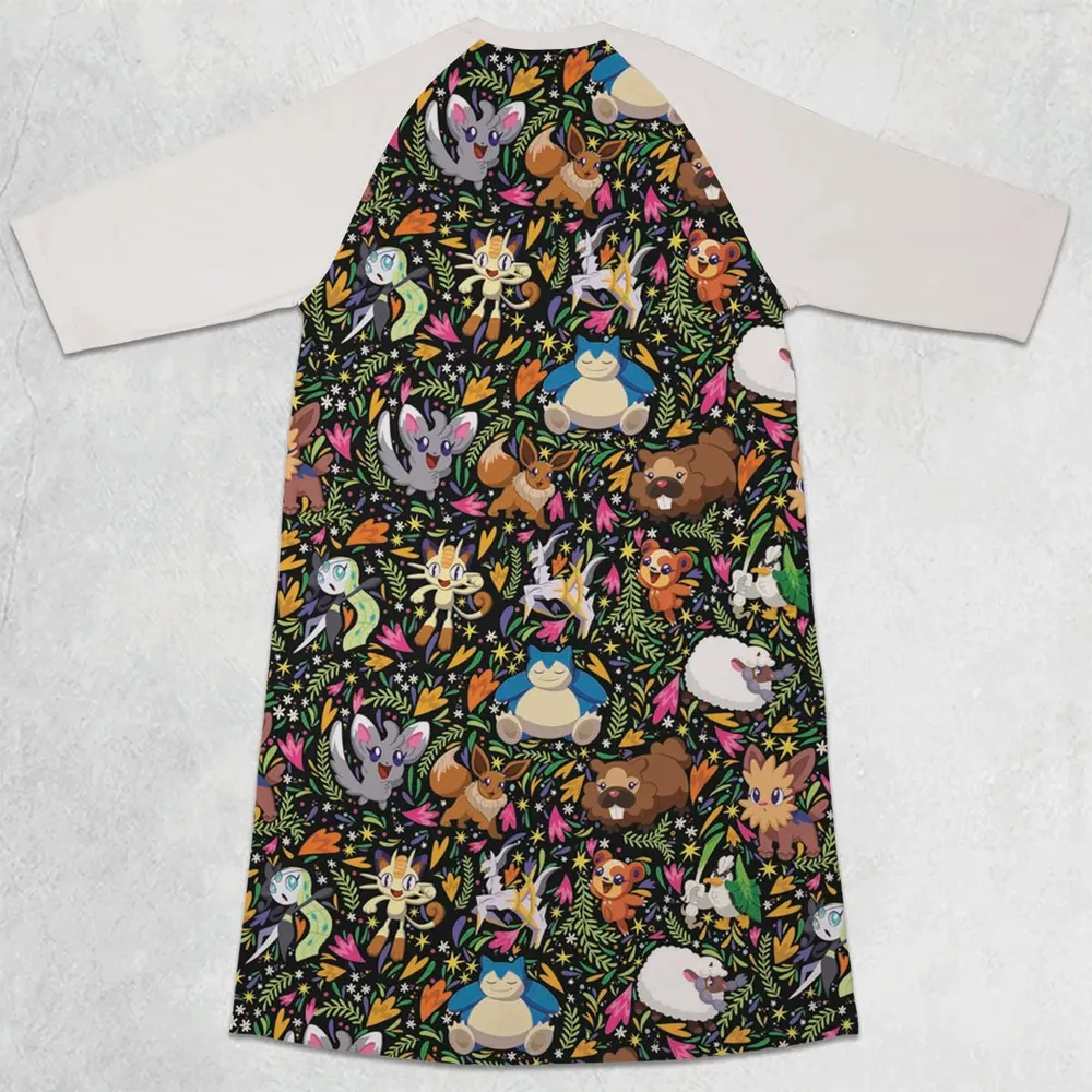 Floral Snorlax Bidoof Eevee Meloetta Pokemon 3/4 Sleeve Raglan Dress - 2
