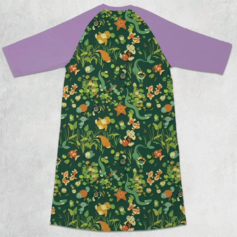 Floating In A Pond Magikarp Psyduck Vaporeon Water Pokemon 3/4 Sleeve Raglan Dress - 2