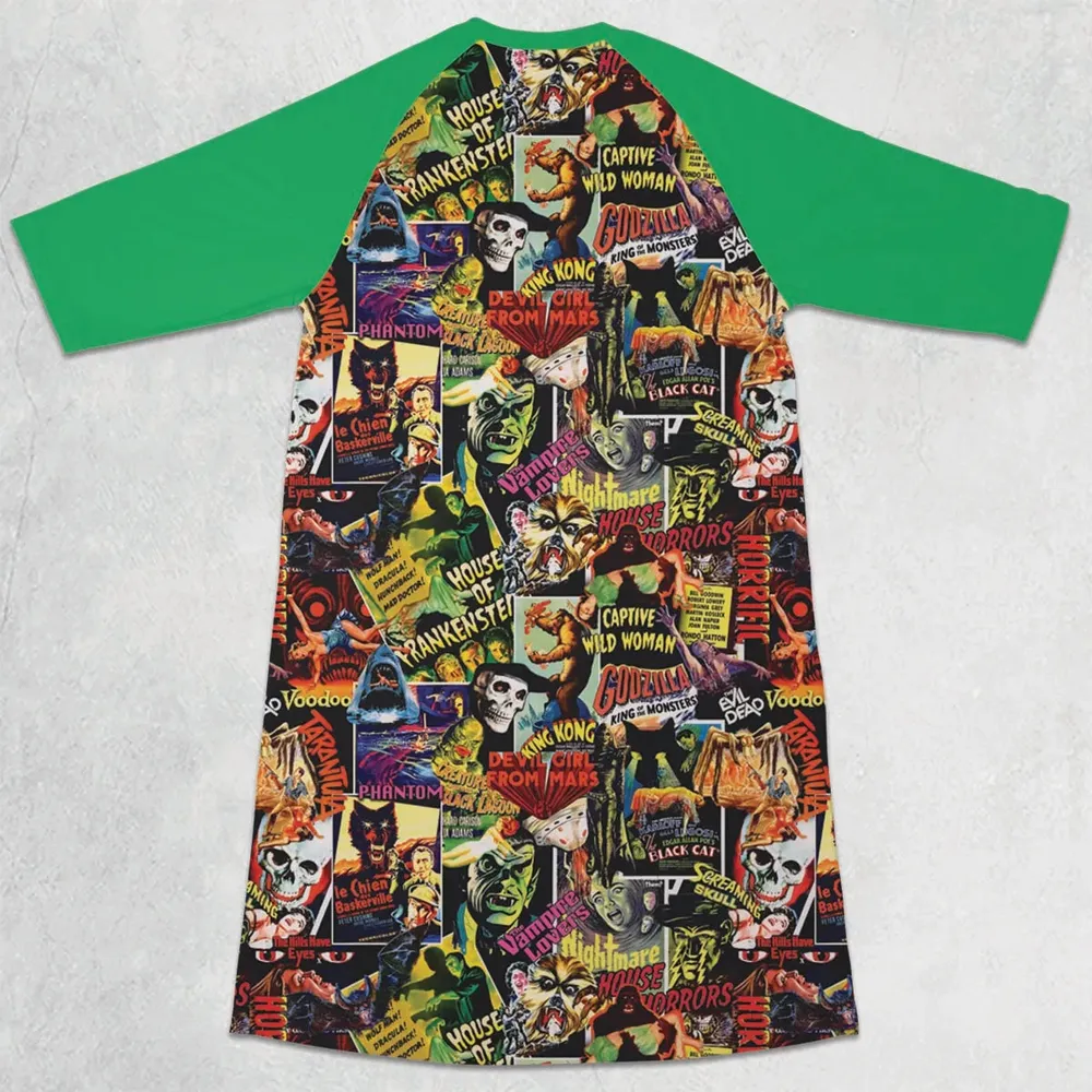 Fright Night Halloween Retro Horror Characters Collage 3/4 Sleeve Raglan Dress - 2