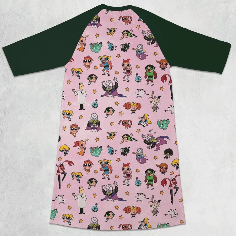 Power Puff Girls Characters Pattern 3/4 Sleeve Raglan Dress - 2