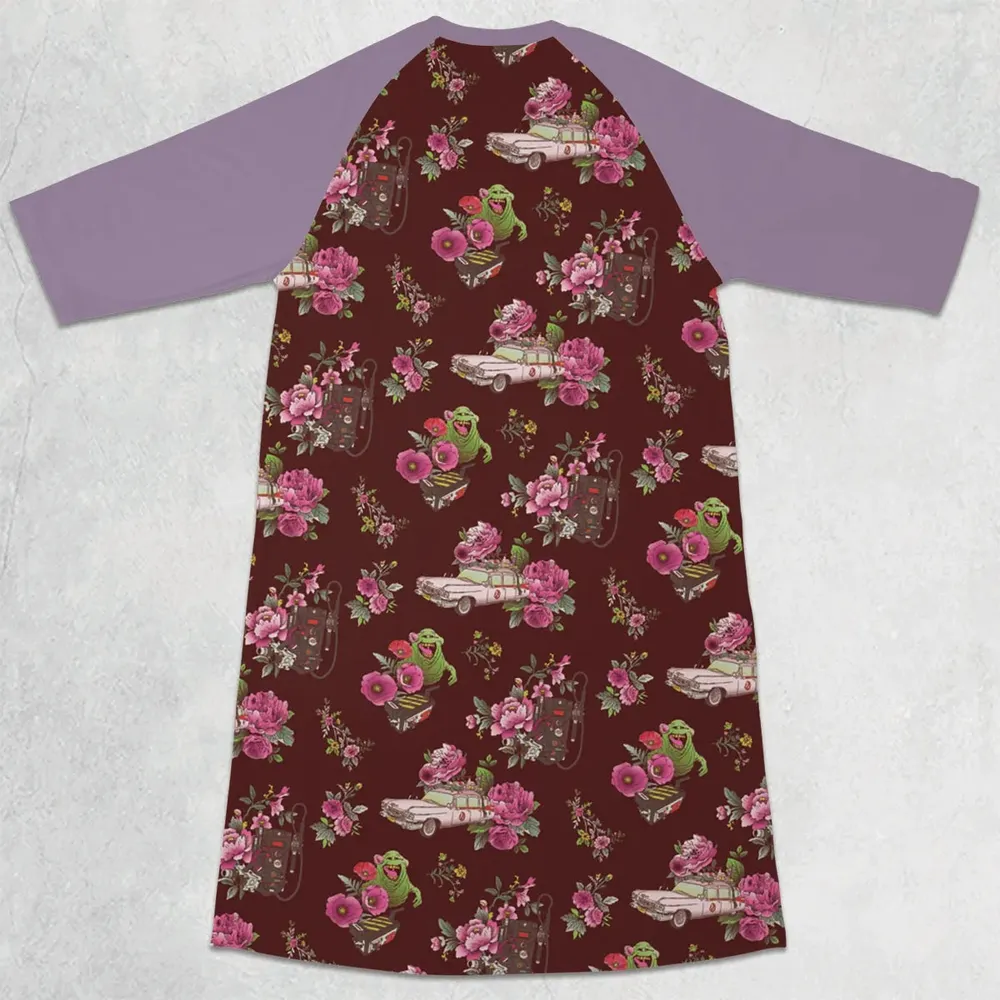 Slimer Ecto-1 Proton Pack Floral Ghostbusters 3/4 Sleeve Raglan Dress - 2