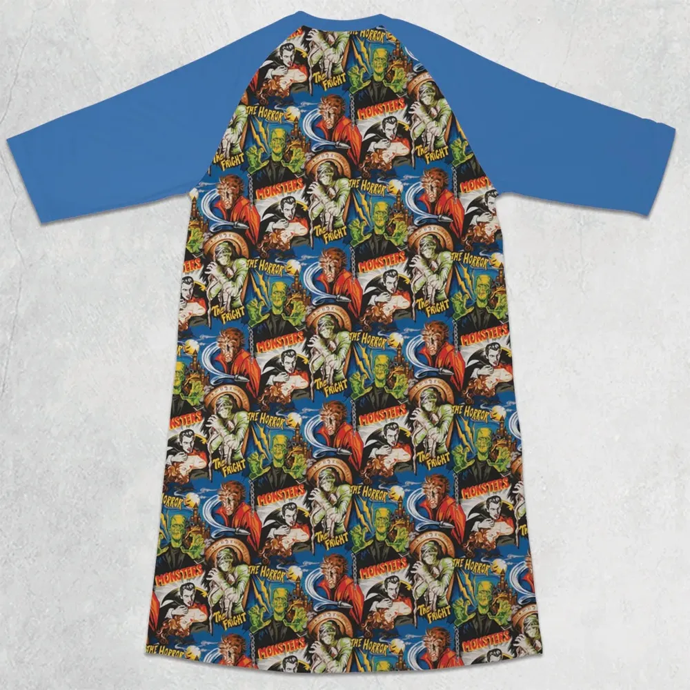 The Horror The Fright Dracula Frankenstein The Wolfman Monster Universal Pattern 3/4 Sleeve Raglan Dress - 2