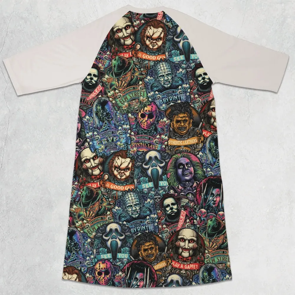 Horror Movie Characters Pattern 3/4 Sleeve Raglan Dress - 2