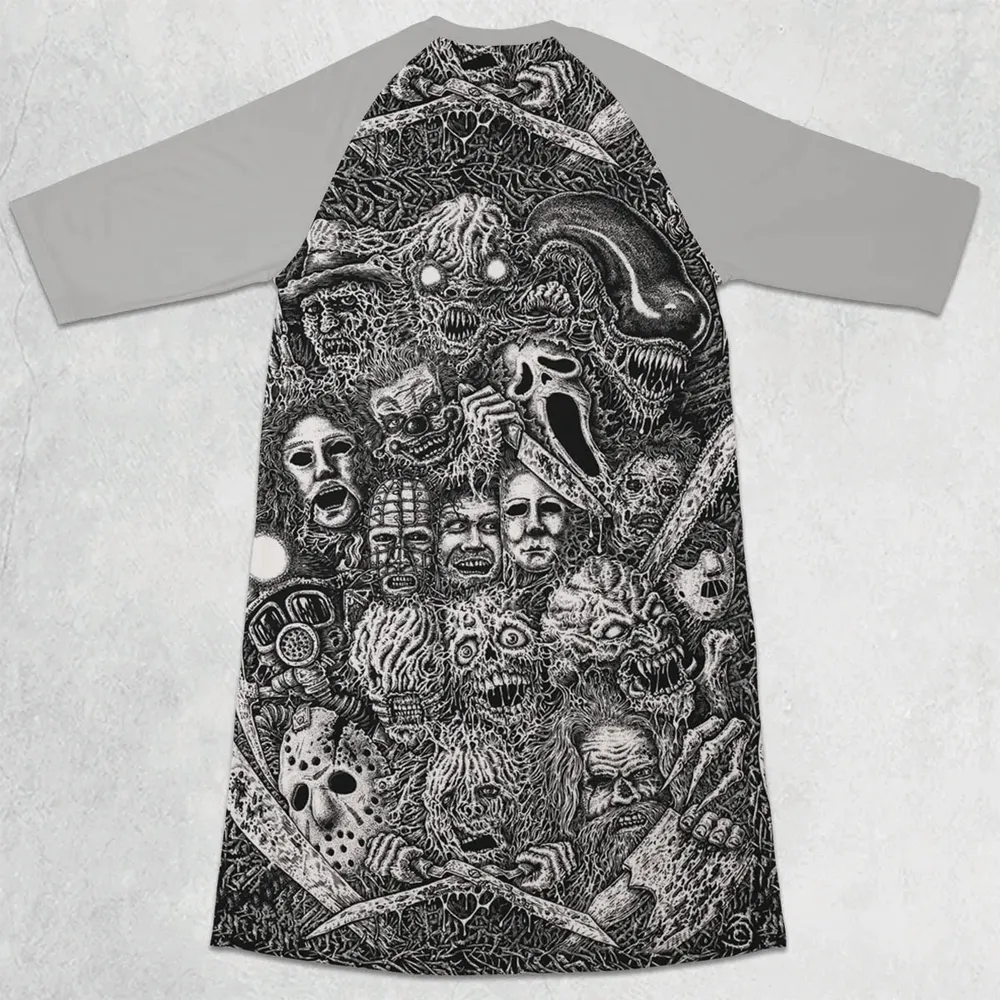 Horror Movie Assemblage Ghostface Xenomorph Pinhead Freddy Michael Myers 3/4 Sleeve Raglan Dress - 2