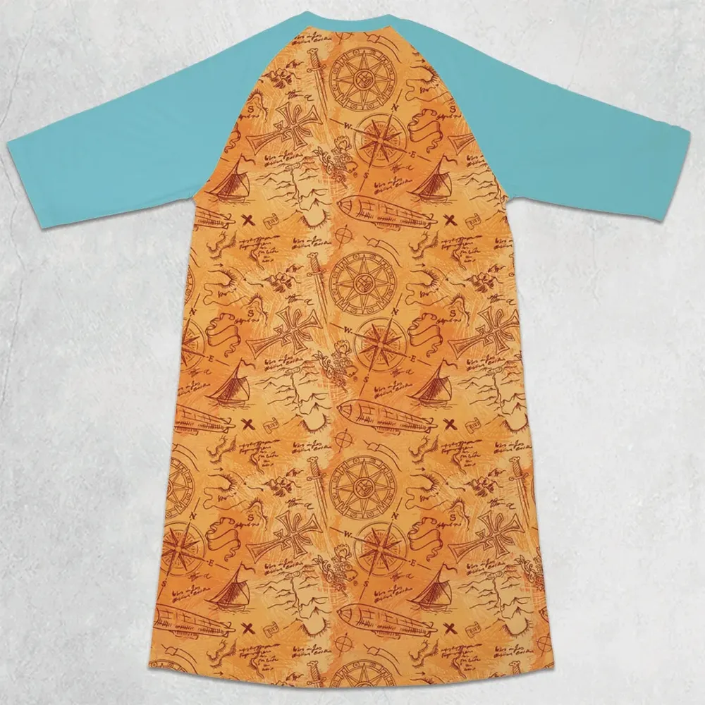 Vintage Adventure Map Indiana Jones 3/4 Sleeve Raglan Dress - 2