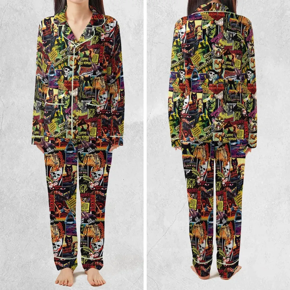 Fright Night Halloween Retro Horror Characters Collage Pajamas Set - 2