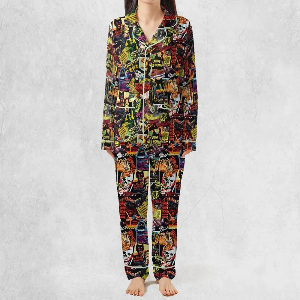 Fright Night Halloween Retro Horror Characters Collage Pajamas Set - 3