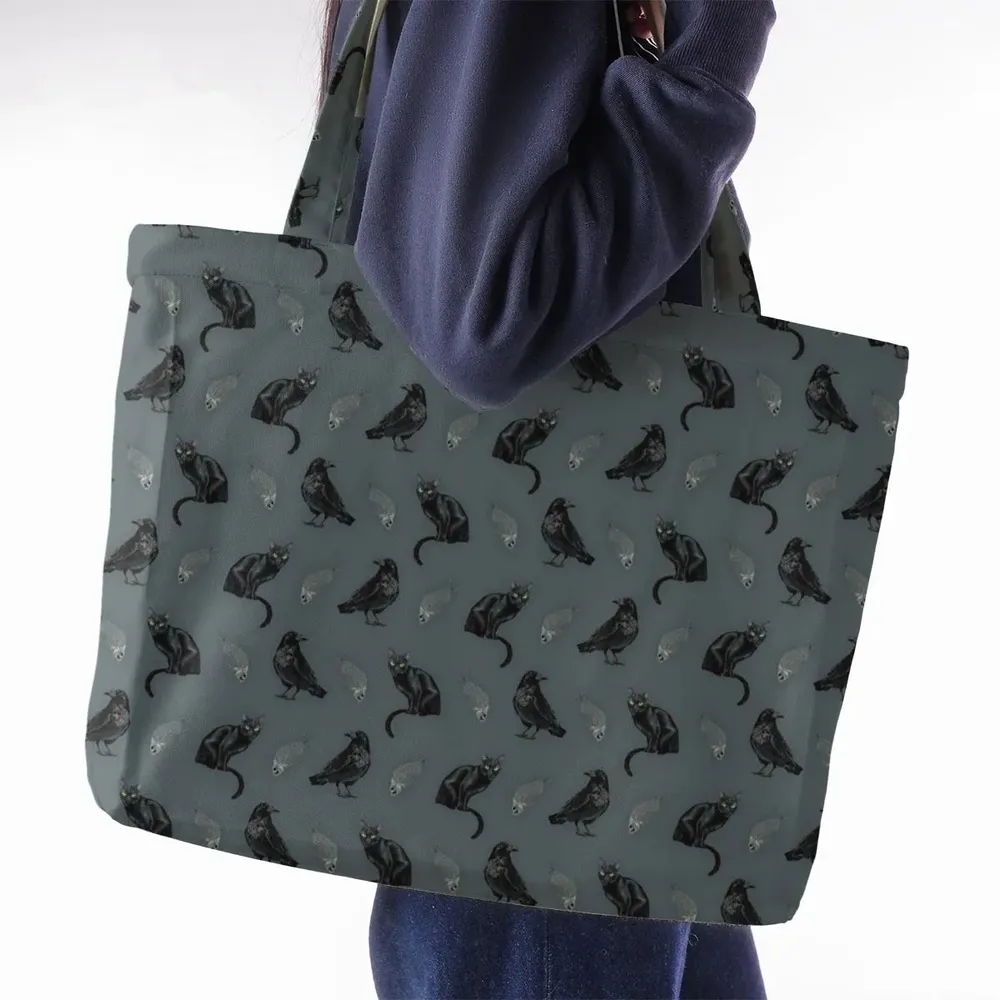 Cat and Raven Edgar Allan Poe Pattern Large Tote Bag - 2