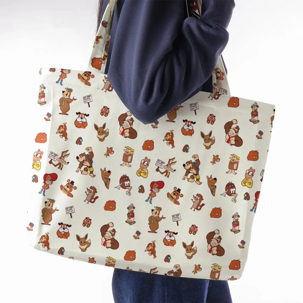 Famous Cartoon Characters in Brown Large Tote Bag - 2