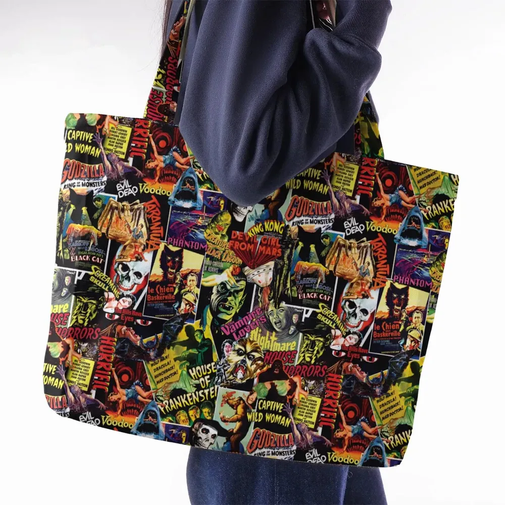 Fright Night Halloween Retro Horror Characters Collage Large Tote Bag - 2