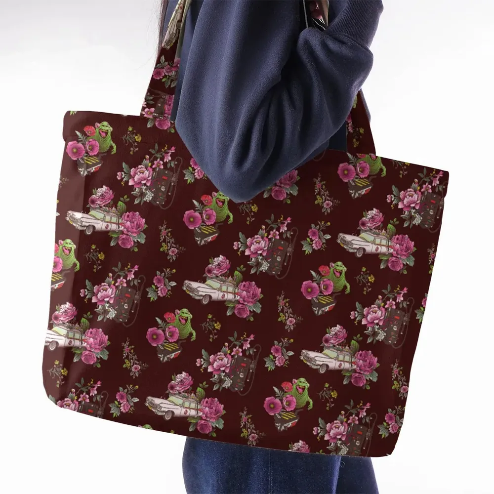 Slimer Ecto-1 Proton Pack Floral Ghostbusters Large Tote Bag - 2