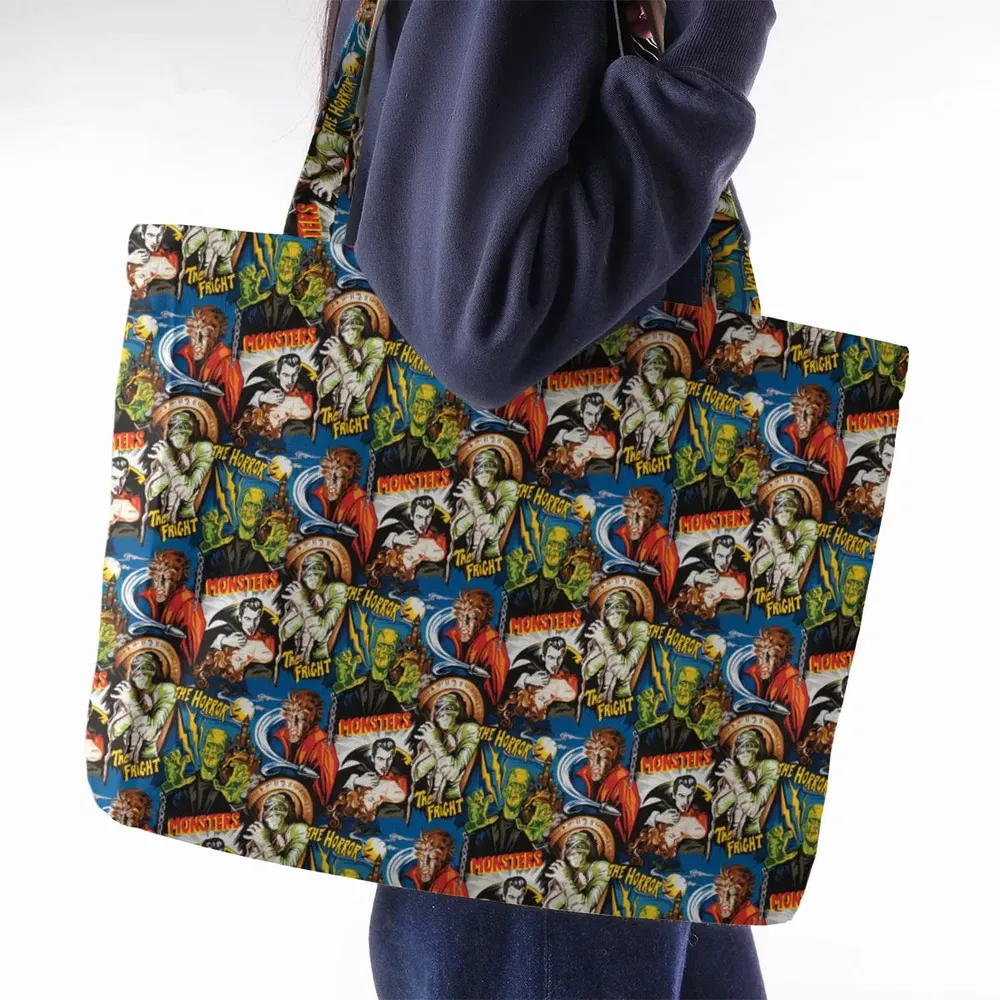 The Horror The Fright Dracula Frankenstein The Wolfman Monster Universal Pattern Large Tote Bag - 2