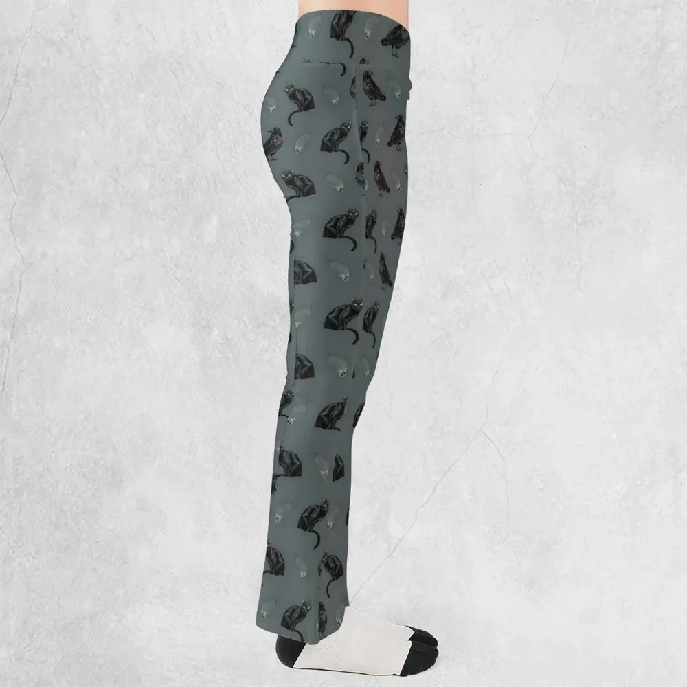 Black Cat and Raven Pattern Flare Leggings - 2