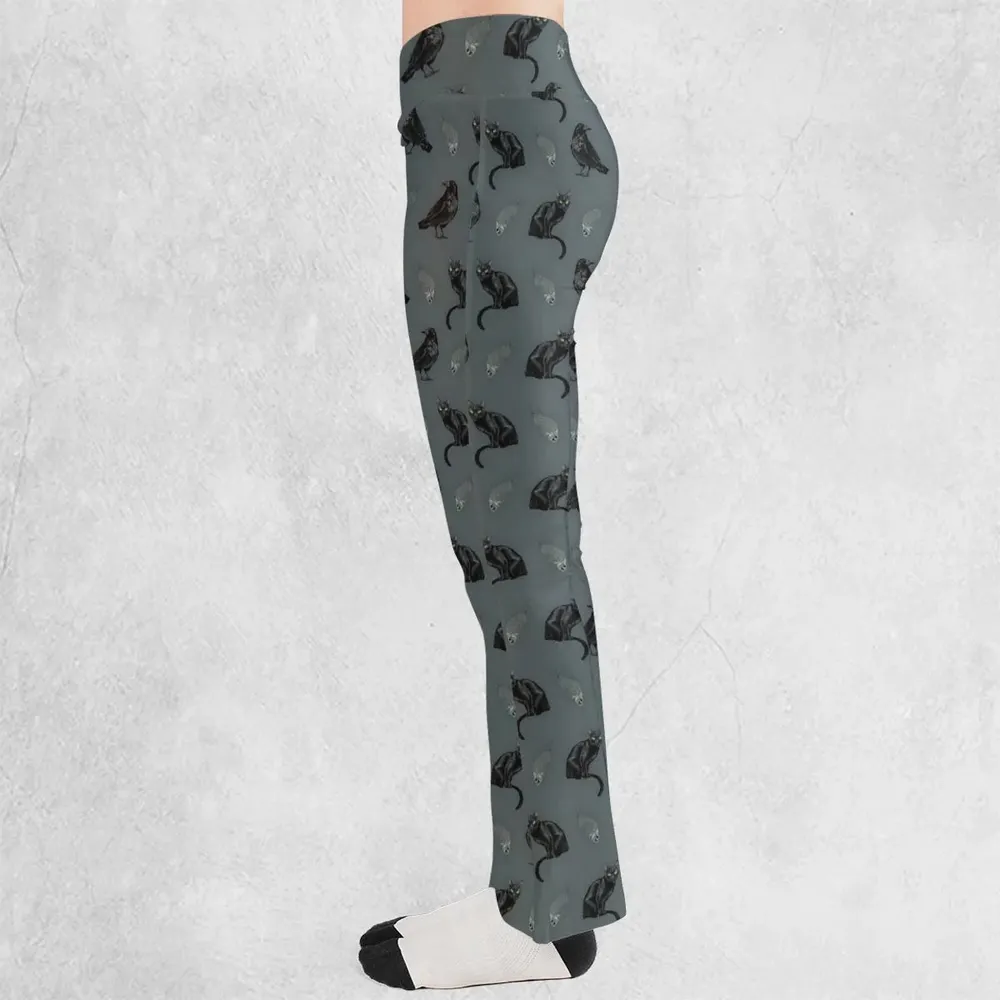 Black Cat and Raven Pattern Flare Leggings - 3