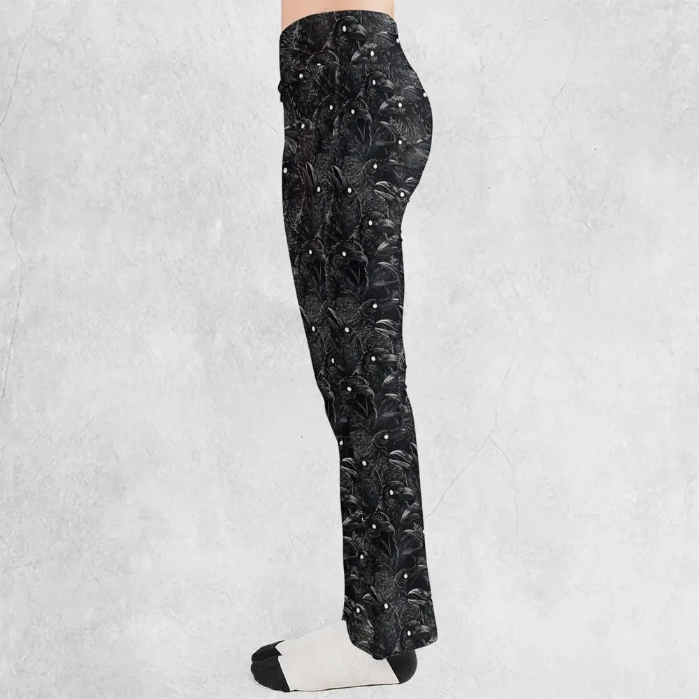 Black Raven Pattern Flare Leggings - 3