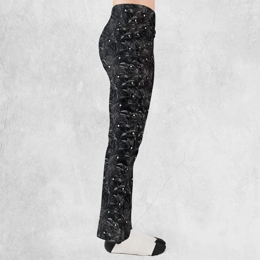 Black Raven Pattern Flare Leggings - 2