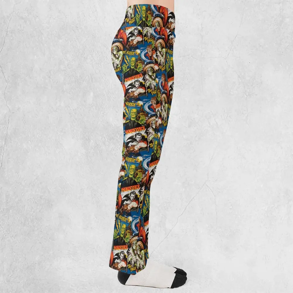 The Horror The Fright Dracula Frankenstein The Wolfman Monster Universal Pattern Flare Leggings - 2