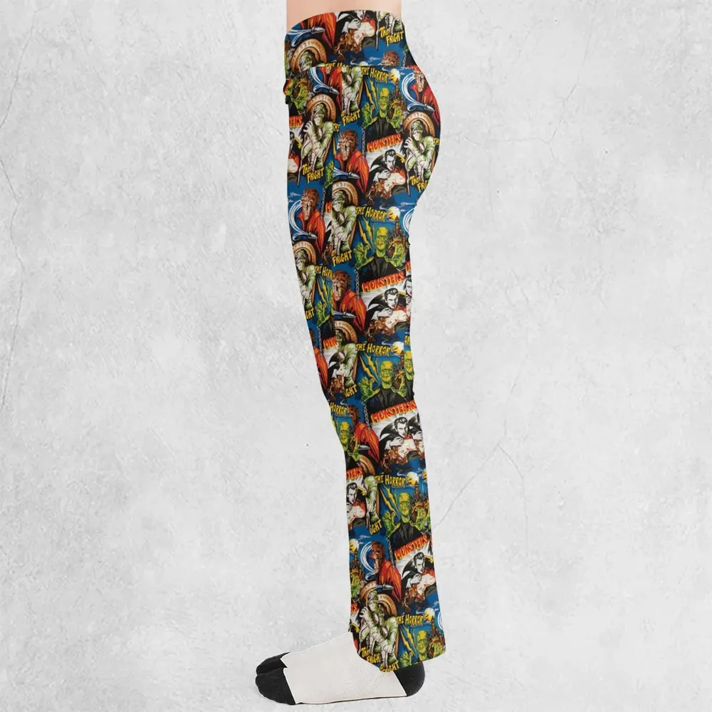 The Horror The Fright Dracula Frankenstein The Wolfman Monster Universal Pattern Flare Leggings - 3