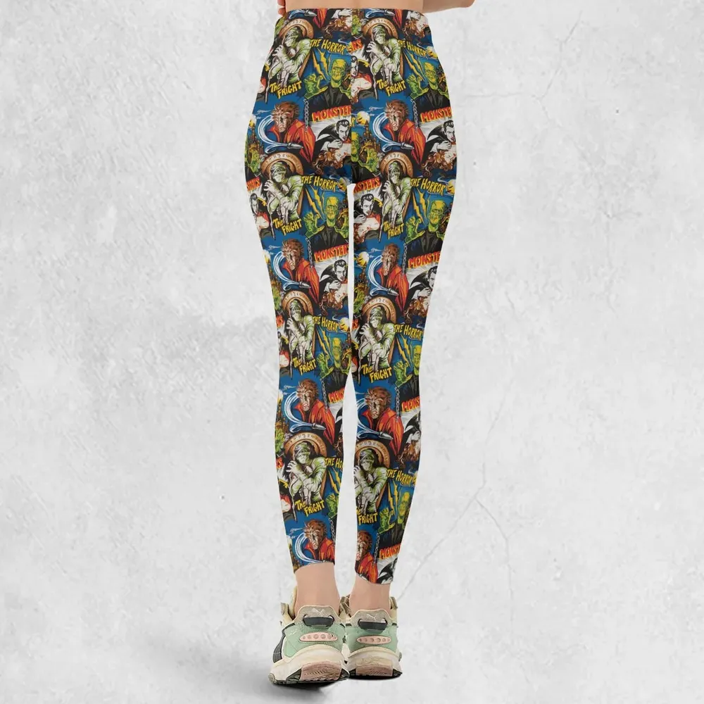 The Horror The Fright Dracula Frankenstein The Wolfman Monster Universal Pattern Legging - 3
