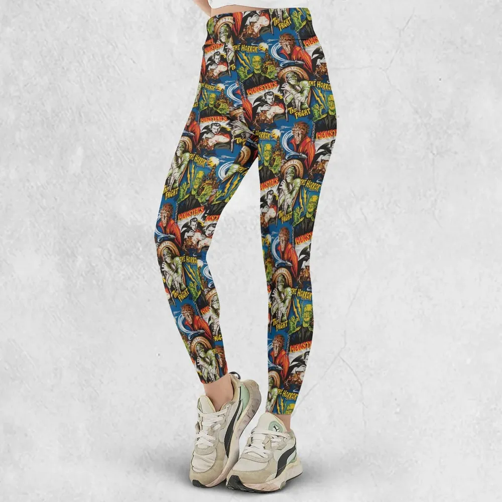 The Horror The Fright Dracula Frankenstein The Wolfman Monster Universal Pattern Legging - 2