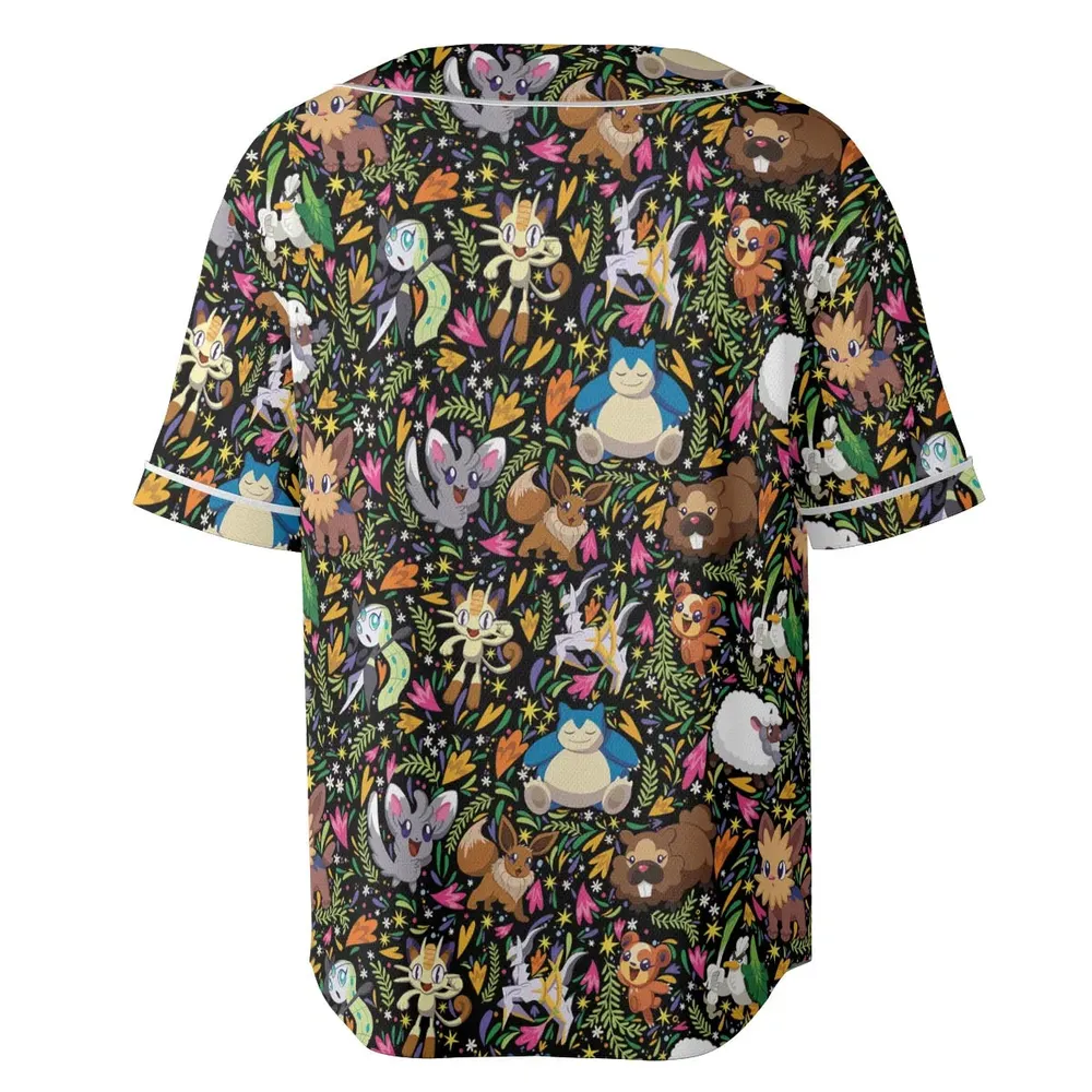 Floral Snorlax Bidoof Eevee Meloetta Pokemon Unisex Baseball Jersey - 4