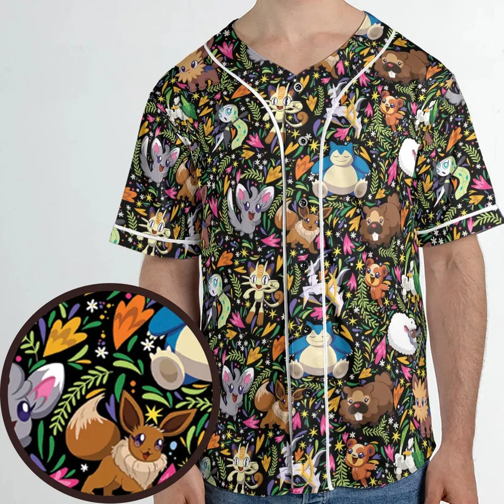 Floral Snorlax Bidoof Eevee Meloetta Pokemon Unisex Baseball Jersey - 1