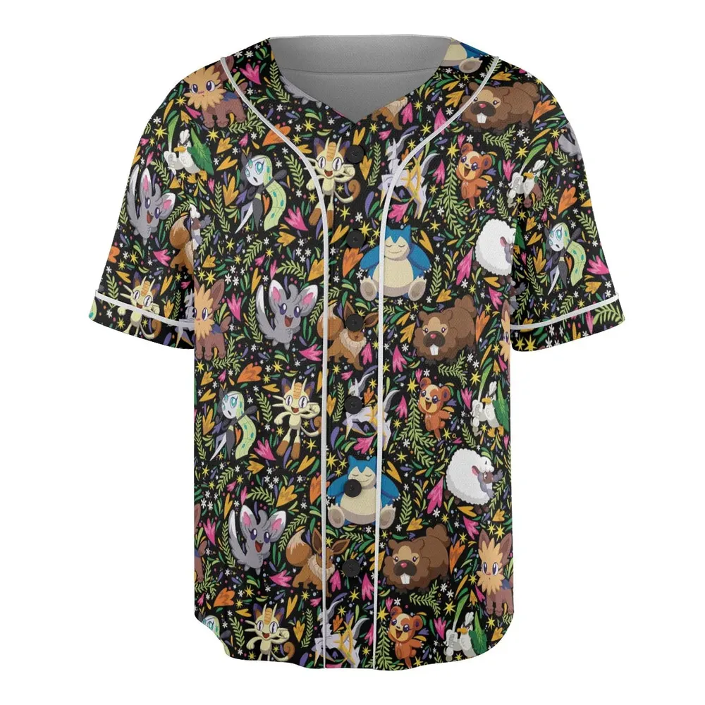 Floral Snorlax Bidoof Eevee Meloetta Pokemon Unisex Baseball Jersey - 3