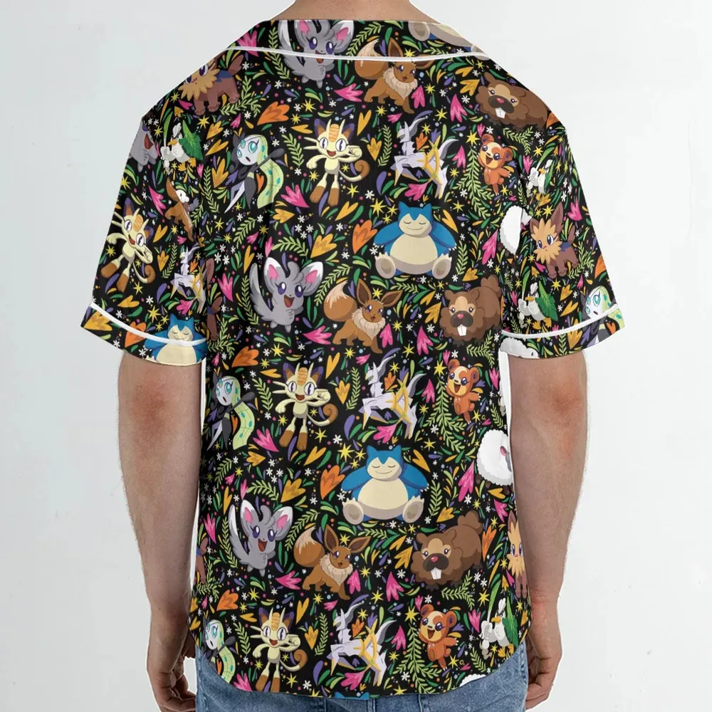 Floral Snorlax Bidoof Eevee Meloetta Pokemon Unisex Baseball Jersey - 2