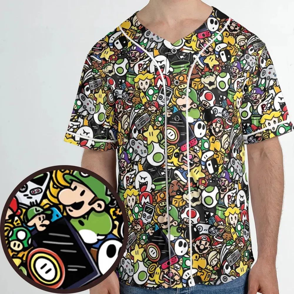 Super Mario Characters All In One Pattern Unisex Baseball Jersey - 1