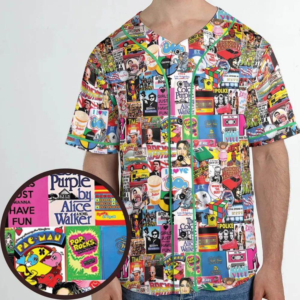 I heart 80s Collage Mr. T Back To the Future Pac-man Unisex Baseball Jersey - 1