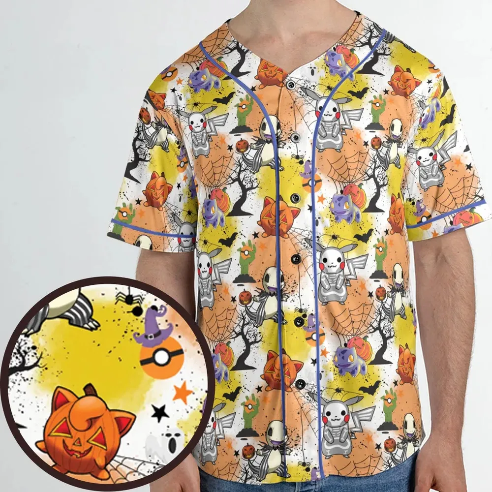Spooky Costume Pikachu Charmander Jigglypuff Bulbasaur Pokemon Unisex Baseball Jersey - 1