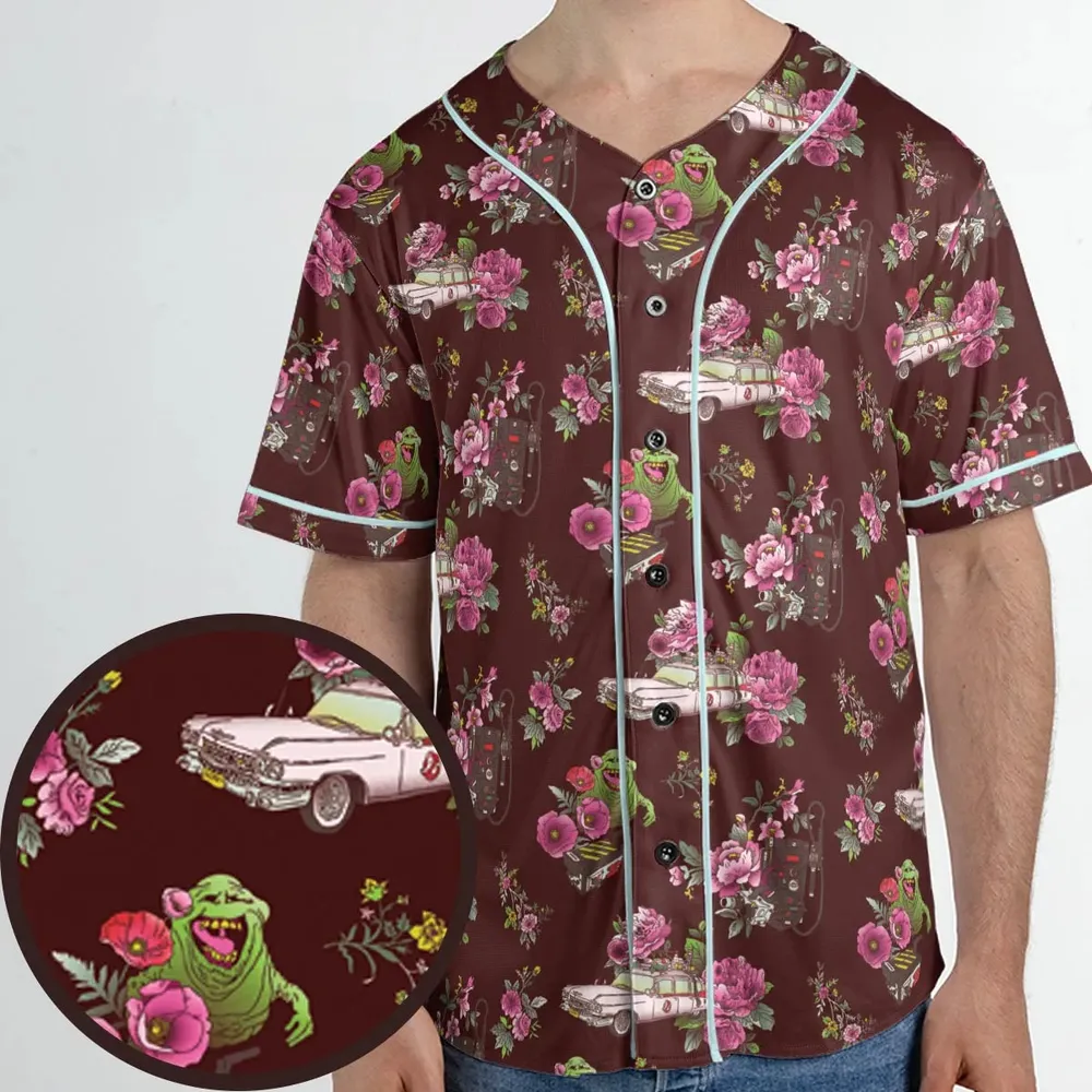 Slimer Ecto-1 Proton Pack Floral Ghostbusters Unisex Baseball Jersey - 1