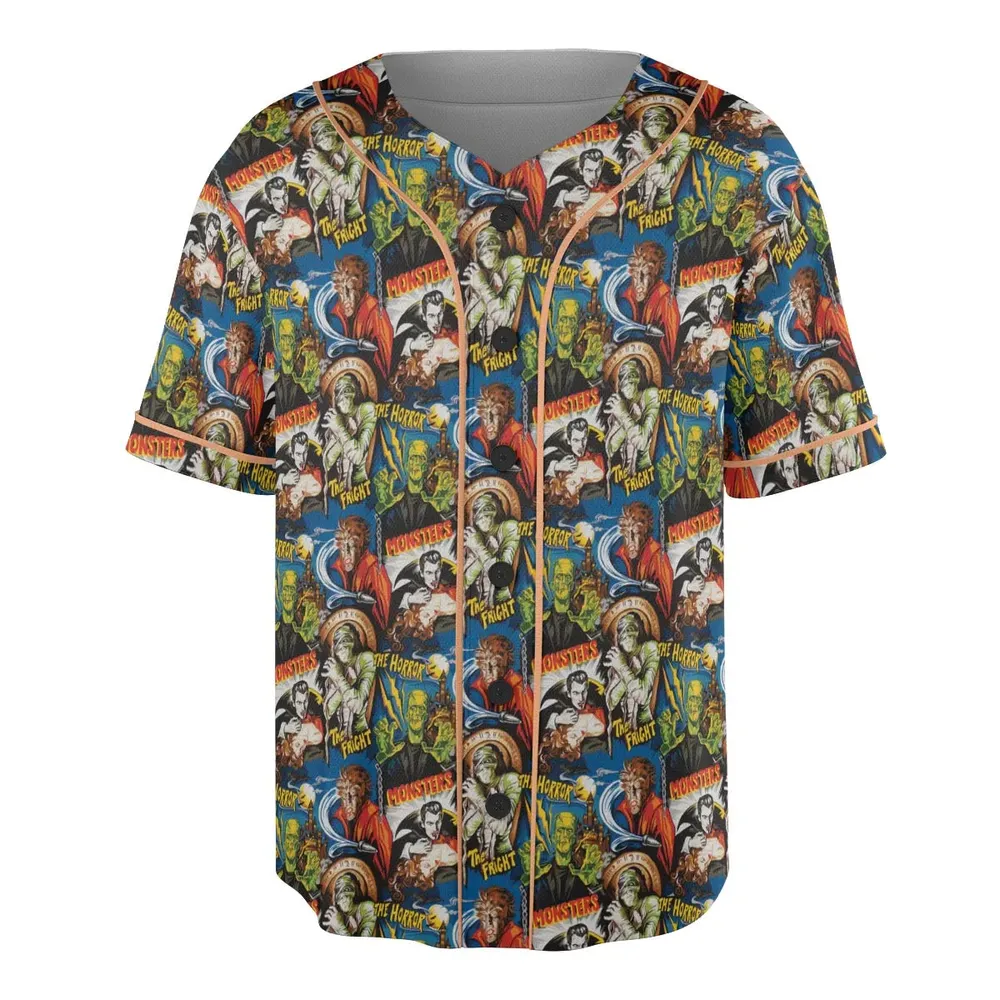 The Horror The Fright Dracula Frankenstein The Wolfman Monster Universal Pattern Unisex Baseball Jersey - 3