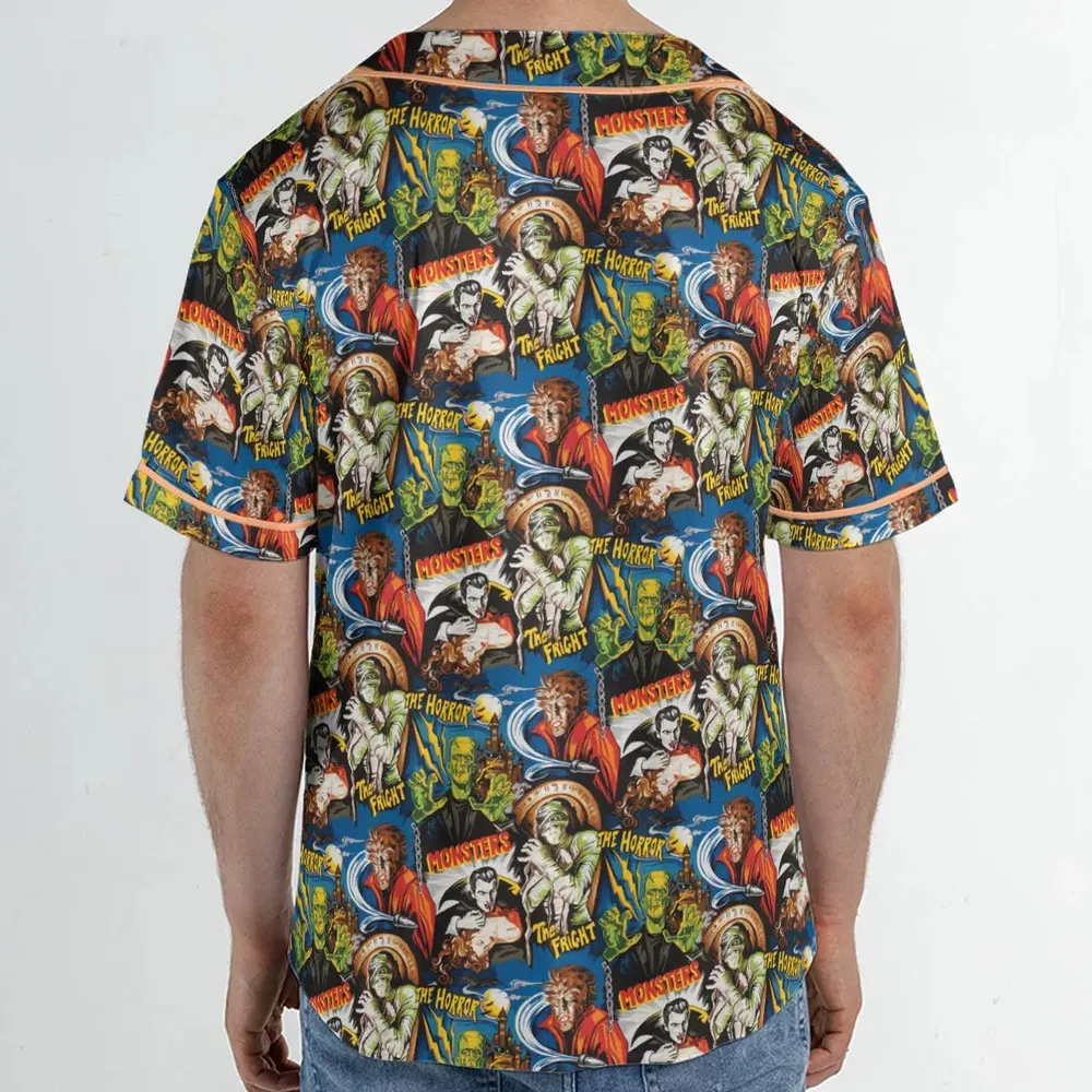 The Horror The Fright Dracula Frankenstein The Wolfman Monster Universal Pattern Unisex Baseball Jersey - 2