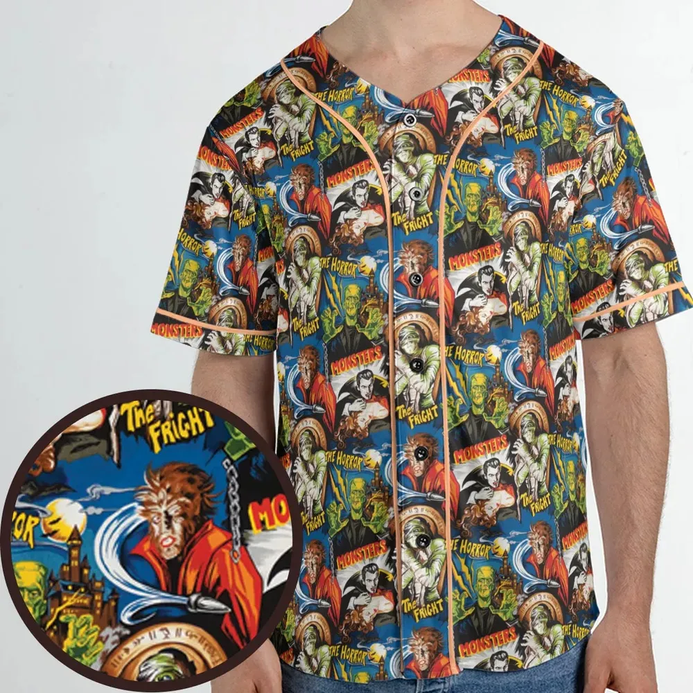 The Horror The Fright Dracula Frankenstein The Wolfman Monster Universal Pattern Unisex Baseball Jersey - 1