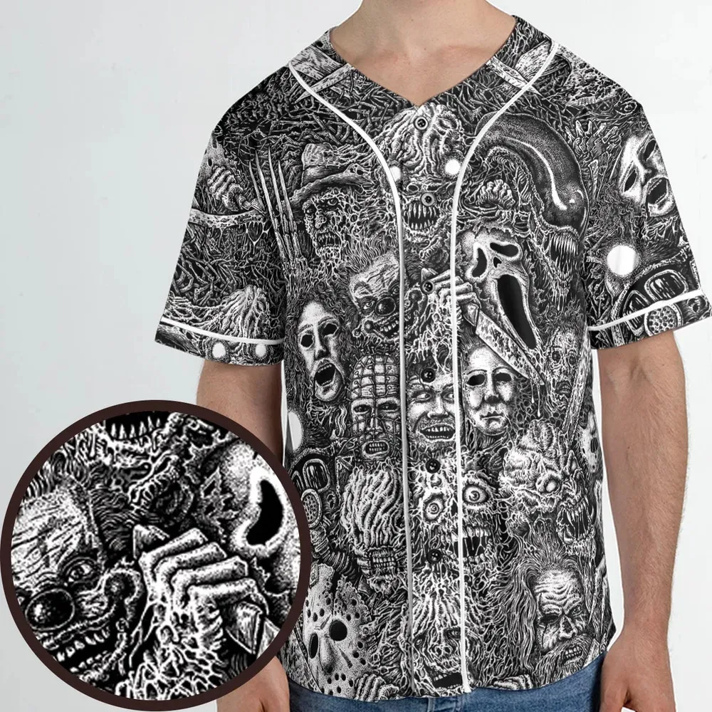 Horror Movie Assemblage Ghostface Xenomorph Pinhead Freddy Michael Myers Unisex Baseball Jersey - 1