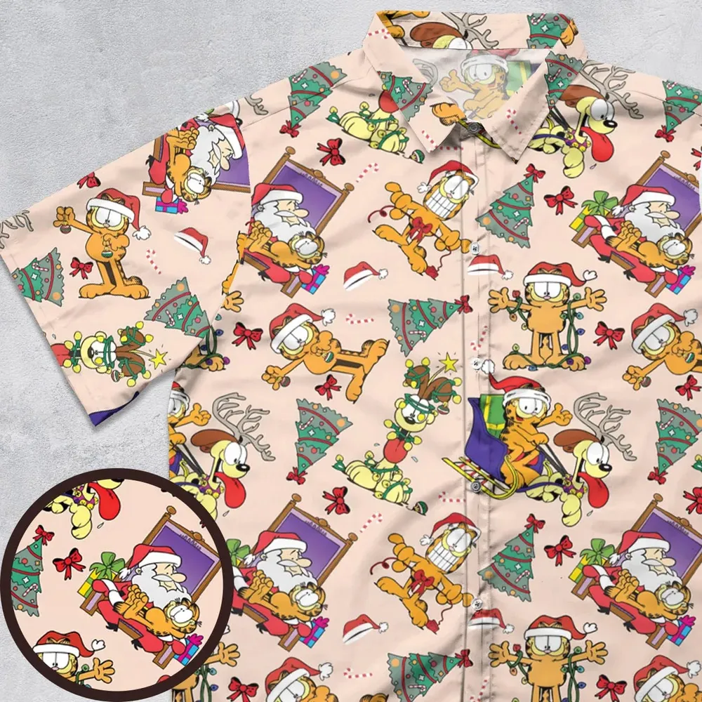 Garfield And Odie Christmas Sleigh Button Down Shirt - 1