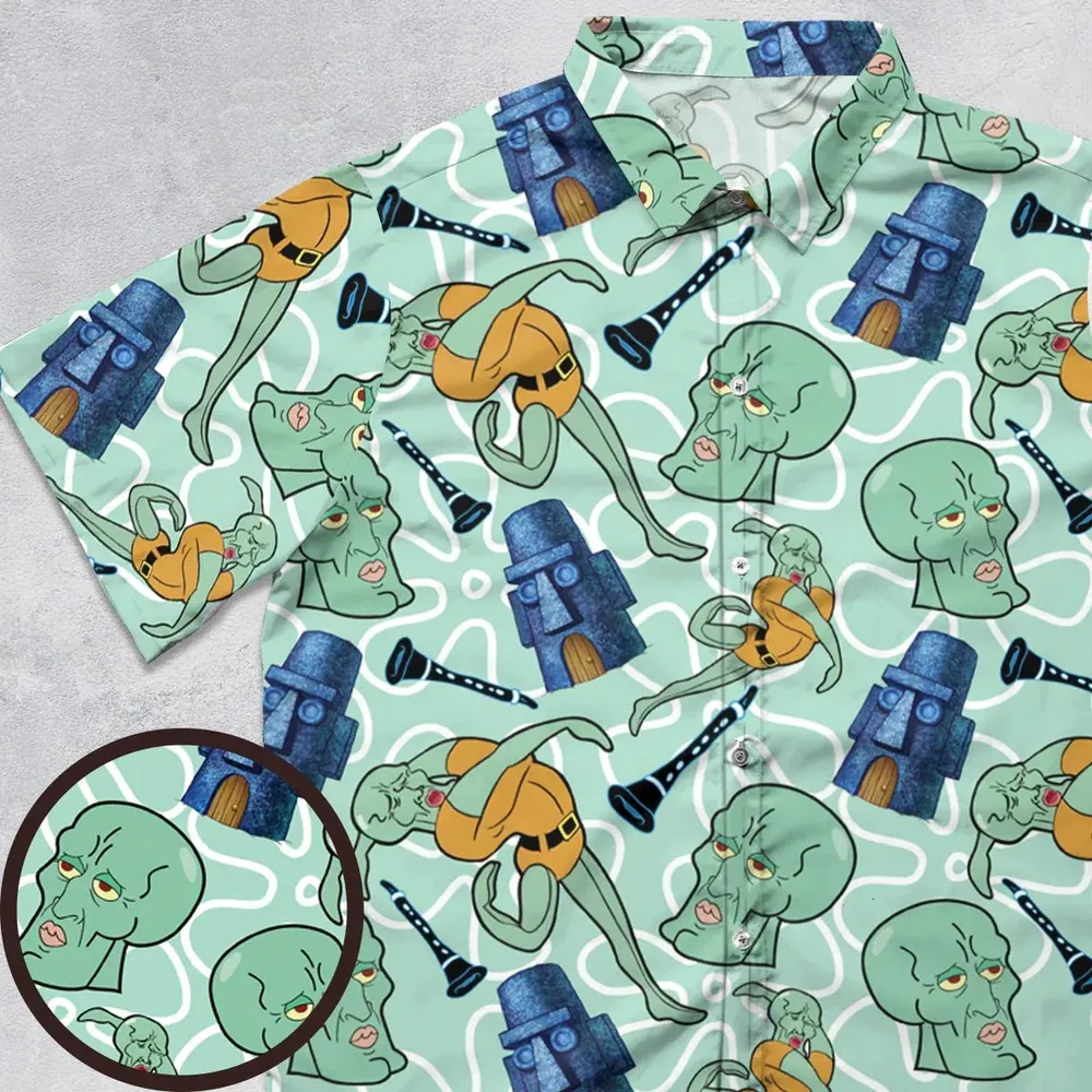 Handsome Squidward Pattern Spongebob Squarepants Button Down Shirt - 1