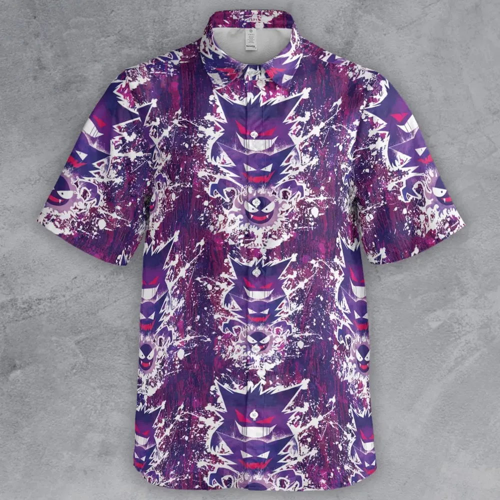 Ghostly Evolution Ghastly Haunter Gengar Pokemon Hawaiian Button Down Shirt - 2