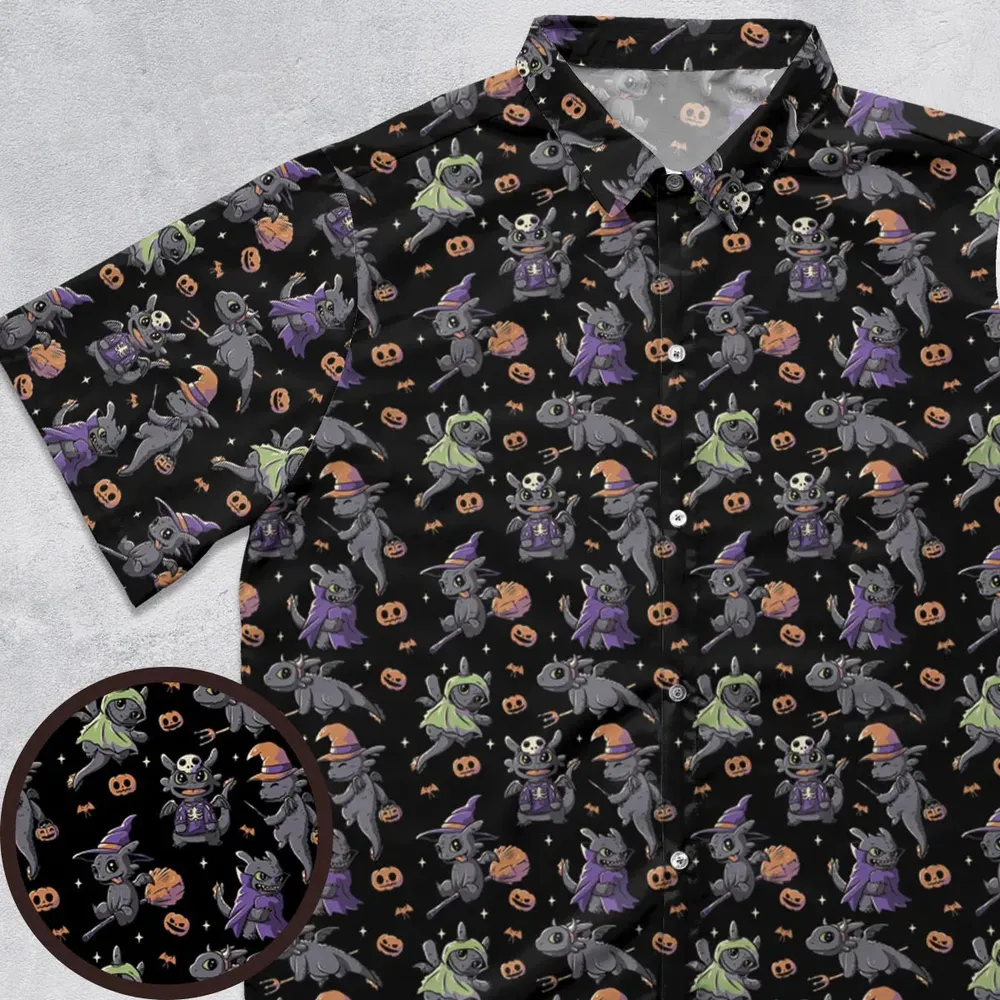 Cute Toothless Halloween Pattern Button Down Shirt - 1