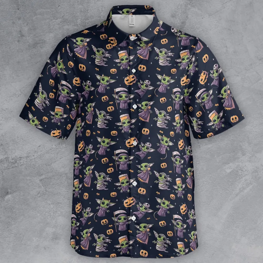Cute Baby Yoda Halloween Pattern Button Down Shirt - 2